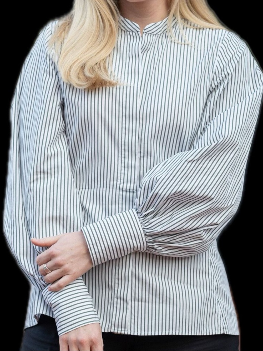 COS Striped Button Down Puff Sleeve Fitted Shirt Green & White Stripes Size 2